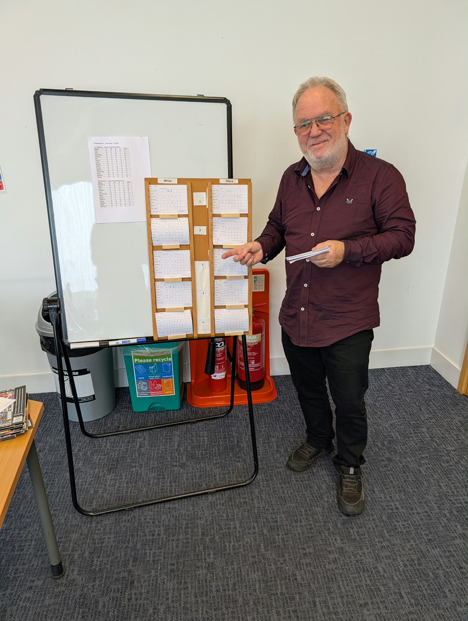 Coach standing by the whiteboard with ladder board results